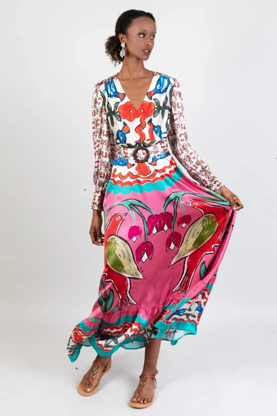 Jessica Russell Flint Women's Belted Maxi Dress - Elegant Soul Birds Design