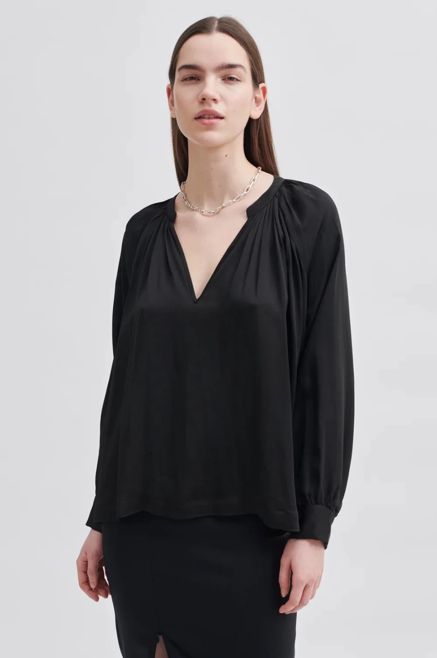 Second Women's Black Drape Tunic Blouse - Elegant Feminine Top