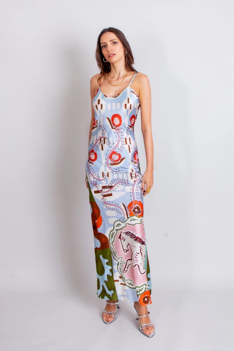 Jessica Russell Flint Women's Maxi Slip Dress in Pink with Horse Print