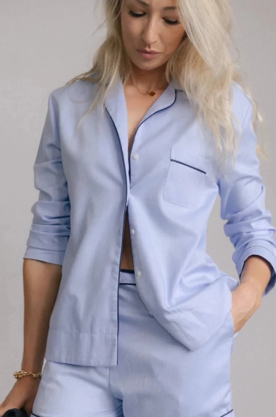 BREATHE Women's Blue Herringbone Pyjama Shirt - Comfortable Sleepwear Top
