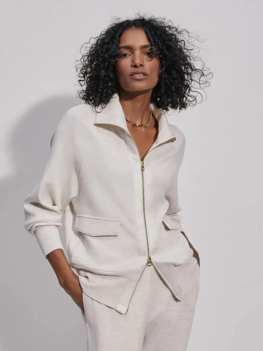 Varley Women's Roxbury Zip Through Sweatshirt in Ivory Marl - Lightweight Casual Pullover