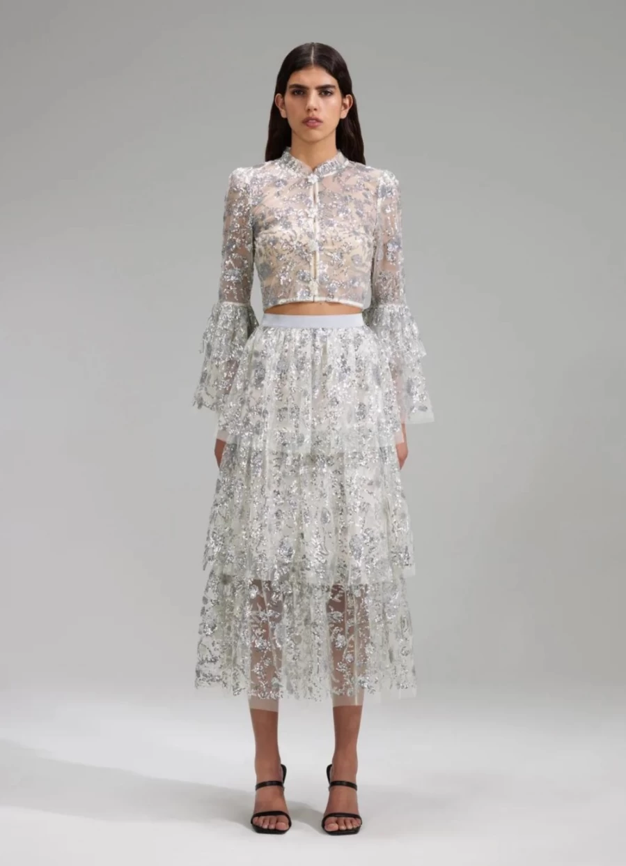 Self-Portrait Women's Champagne Sequin Tiered Midi Skirt - Sparkling Party Dress
