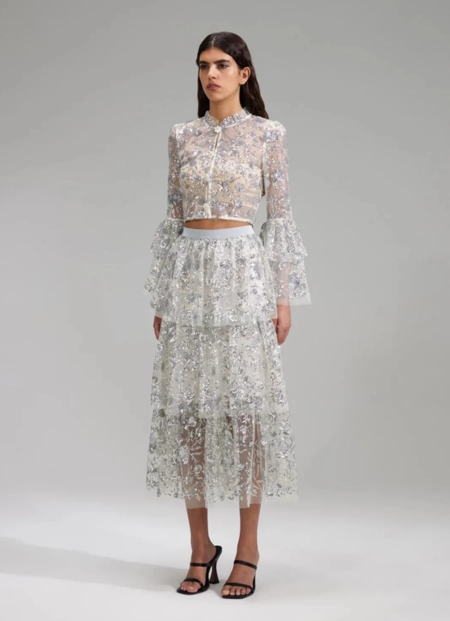 Self-Portrait Women's Champagne Sequin Tiered Midi Skirt - Sparkling Party Dress