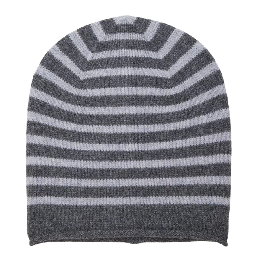 Somerville Scarves Women's Breton Cashmere Beanie - Grey Striped Winter Hat