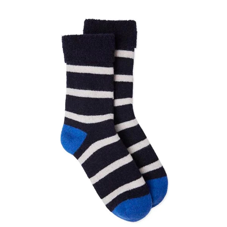 Women's Breton Navy Blue Slipper Socks by Somerville Scarves - Cozy Non-Slip House Shoes