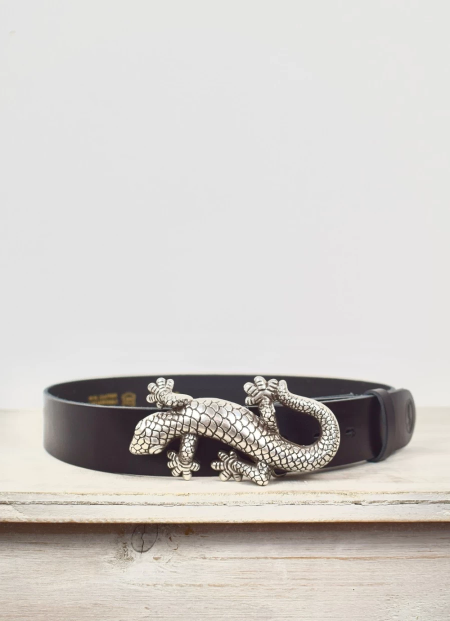 Sous Les Paves Women's Black Leather Belt with Silver Salamander Buckle