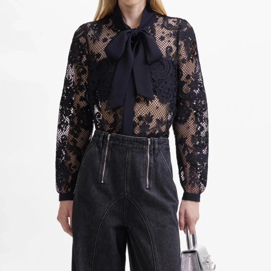 Self-Portrait Women's Black Lace Shirt with Bow Detail
