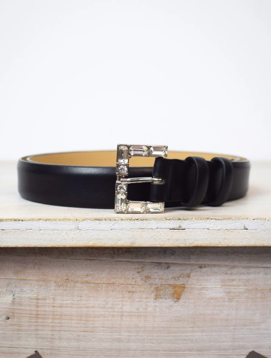 Abro Women's Medium Black Leather Belt with Jewel Embellishment