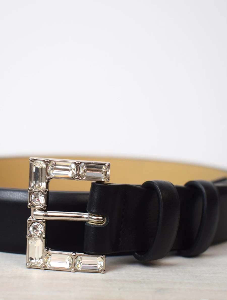 Abro Women's Medium Black Leather Belt with Jewel Embellishment