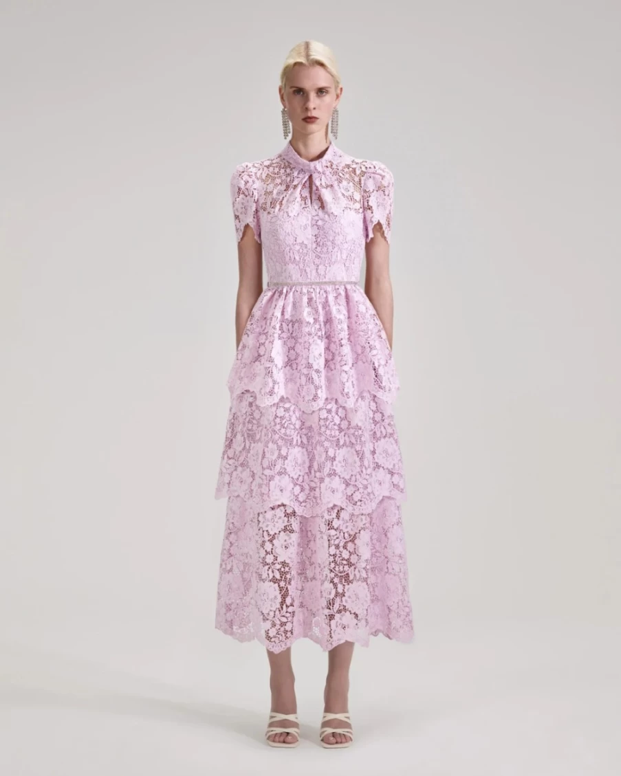 Self-Portrait Women's Pink Tiered Midi Dress with Cord Lace Detail