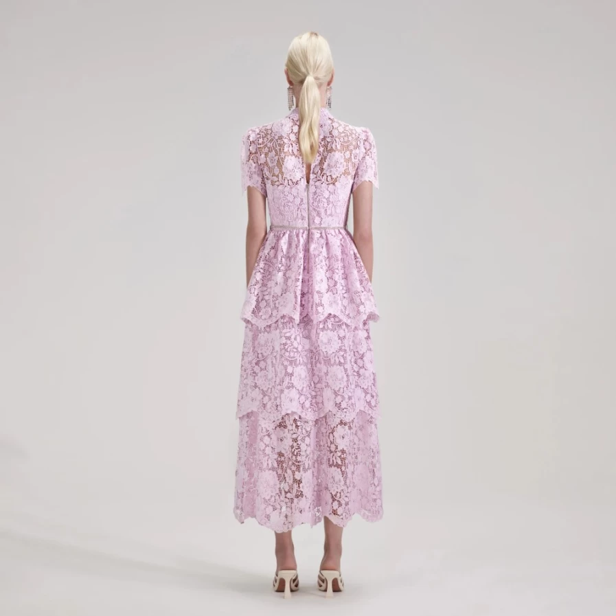 Self-Portrait Women's Pink Tiered Midi Dress with Cord Lace Detail