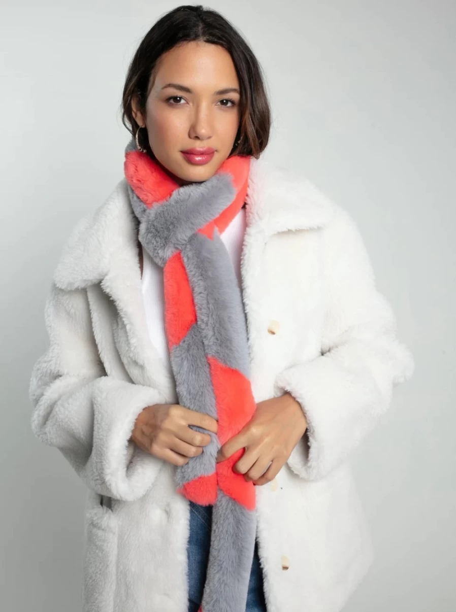 Nooki Women's Ziggy Coral and Grey Faux Fur Winter Scarf Wrap
