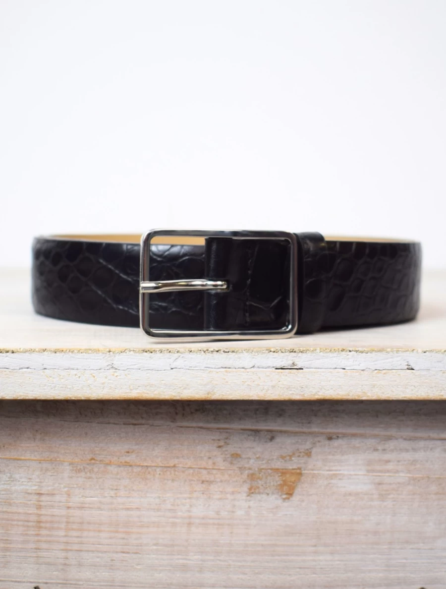 Women's Medium Width Crocodile Embossed Leather Belt - Black with Nickel Buckle by Abro