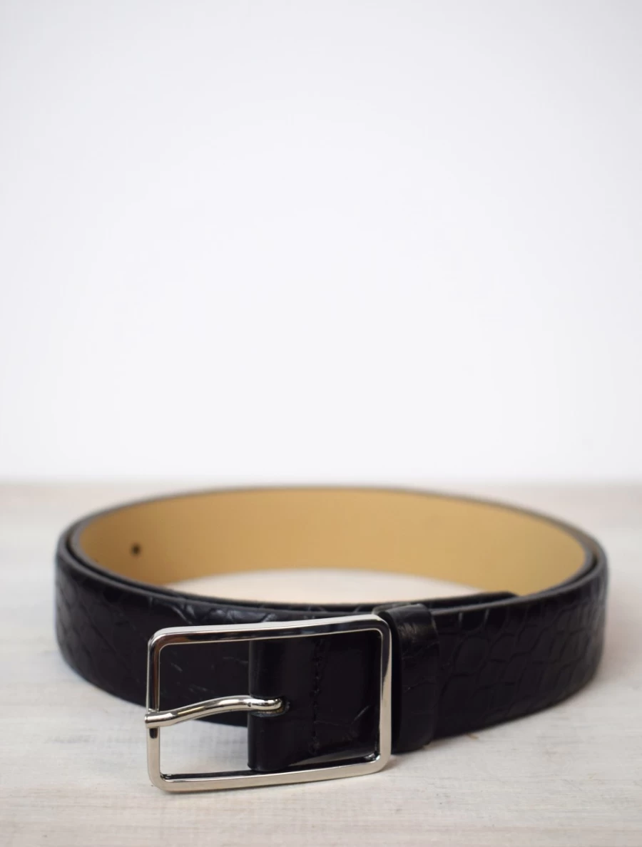 Women's Medium Width Crocodile Embossed Leather Belt - Black with Nickel Buckle by Abro